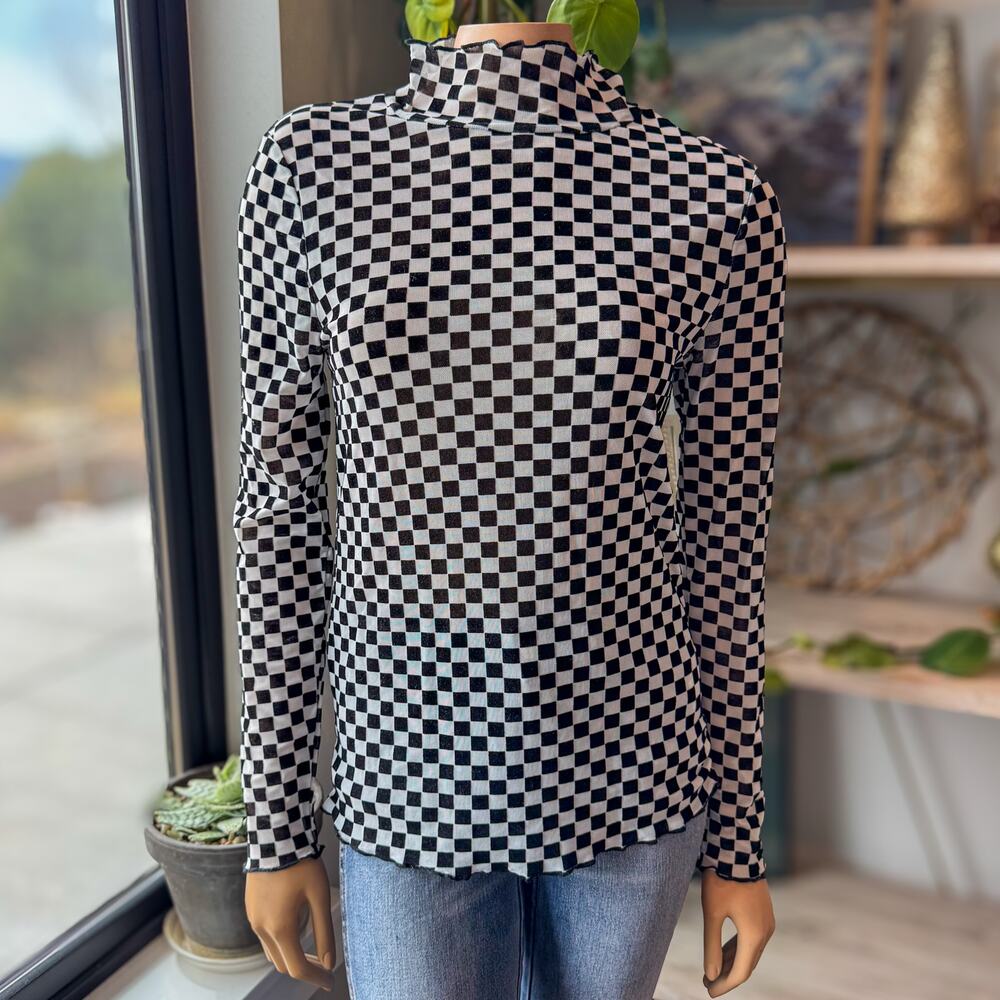 Jade by Jane Lillian Mesh Checkered Top #JJT6271 Mock Neck Sheer Black White S